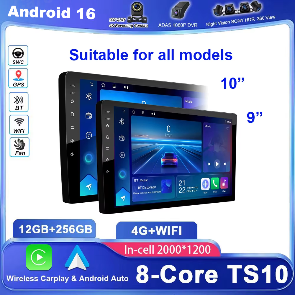 Android 16 CarPlay car radio Android Auto GPS multimedia player 2 DIN universal 9/10 inch Car stereo WiFi player QLED Screen BT
