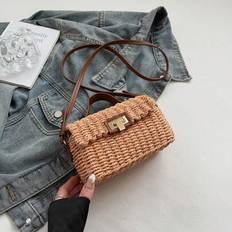 Retro Handmade Straw Tote Bag, Versatile Beach Shoulder Bag, Vacation Crossbody Woven Square Bag - Brown