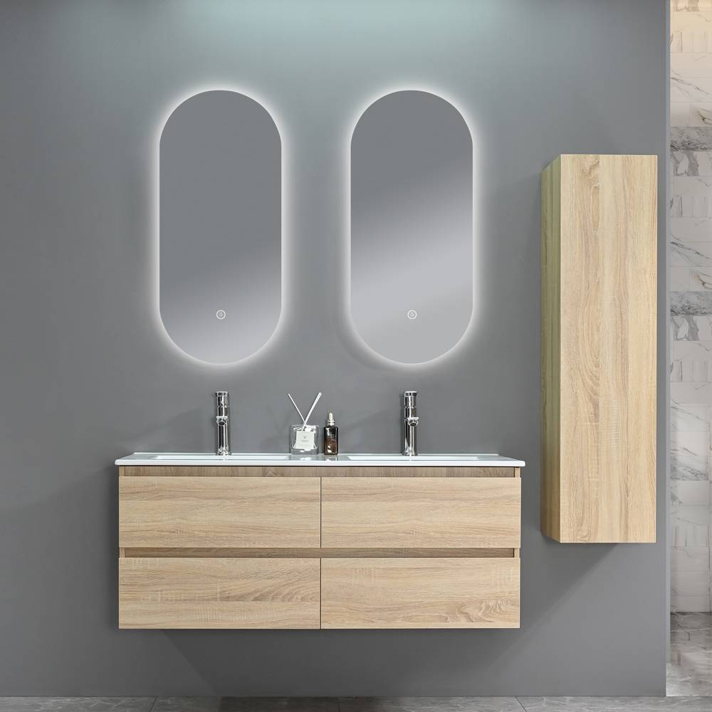 Badrumspaket 120 cm Ljust trä LED-Spegel med touch - Genova