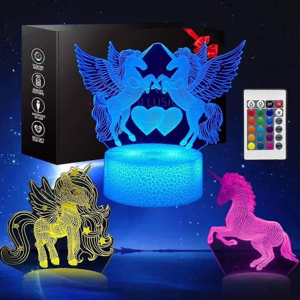 Unicorn 3D Nattlampa för flickor Rum 3 Mönster Led Light Illusion Lamp16 Färgbyte Dekor Lampa wi