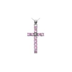 Diamond & Pink CZ Gemstone Cross Pendant Necklace in 9ct White Gold - white gold/pink