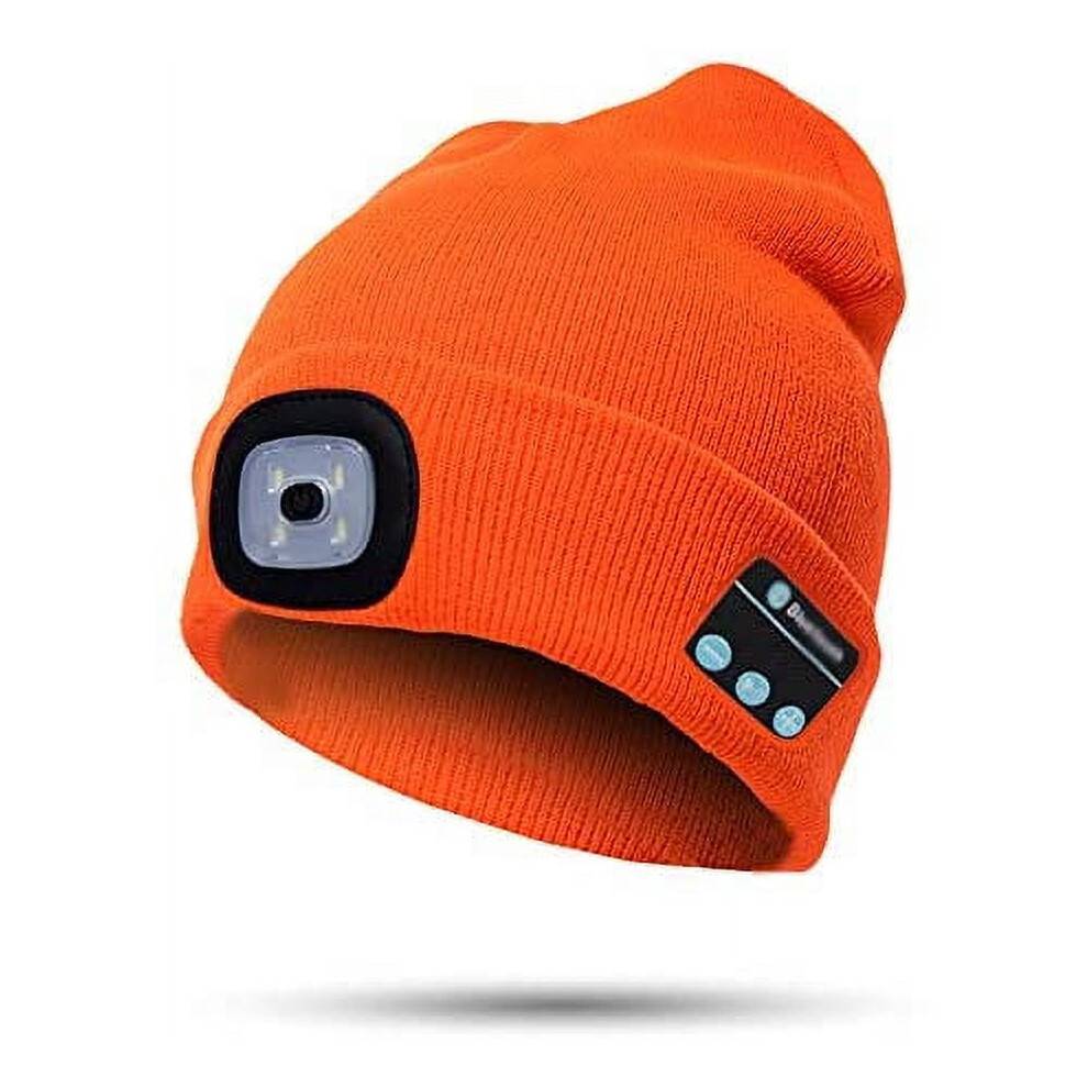 Morttic Bluetooth Beanie Hat med Lys, USB Genopladelig 4-LED Pandelampe, Stereohøjttalere & Mikrofon – Orange (Kompatibel med iOS/Android)