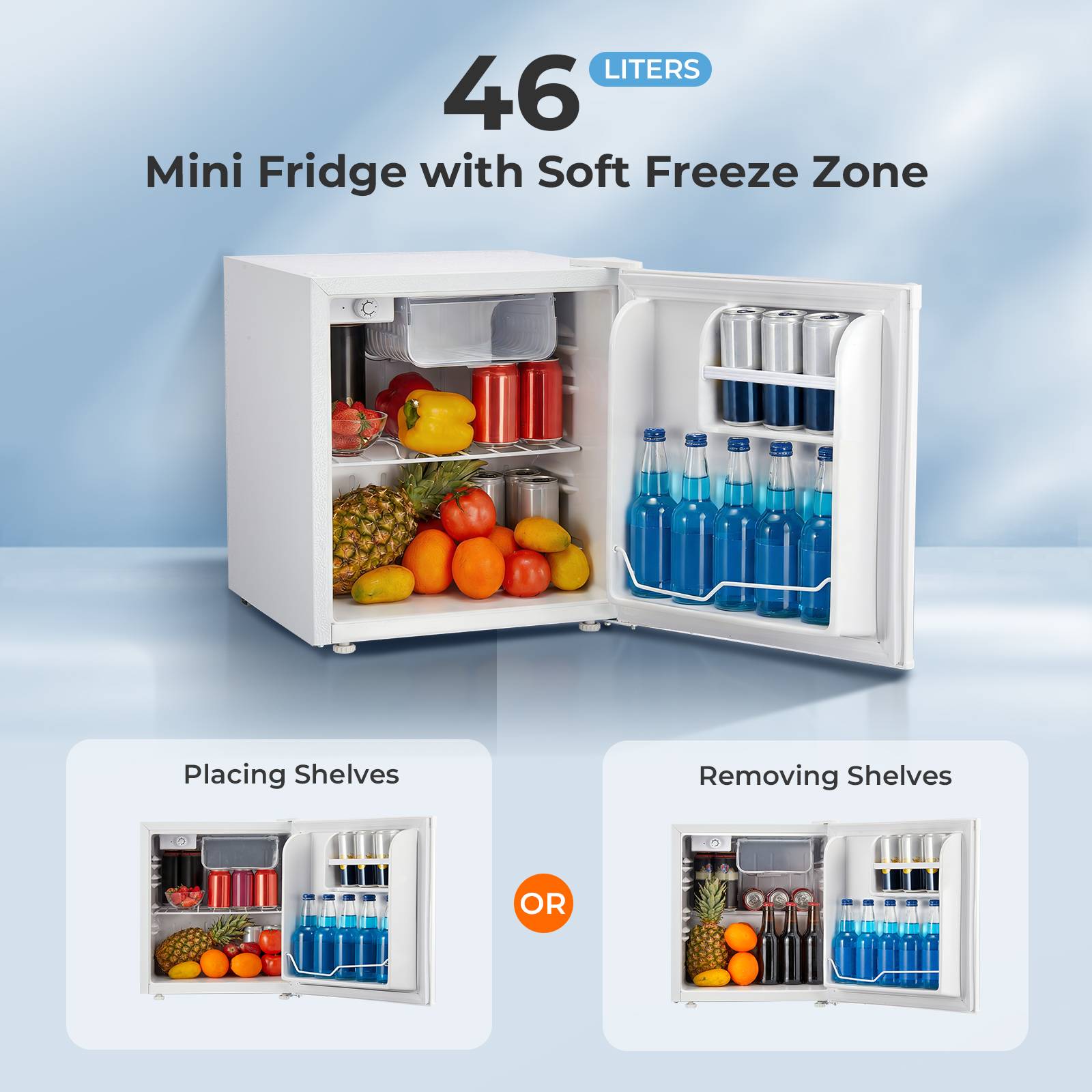 Mini Fridge 46L White, Energy Efficient 79kWh/Year, Super Quiet, 7-Level Cooling, Reversible Door & Adjustable Feet, Small Refri