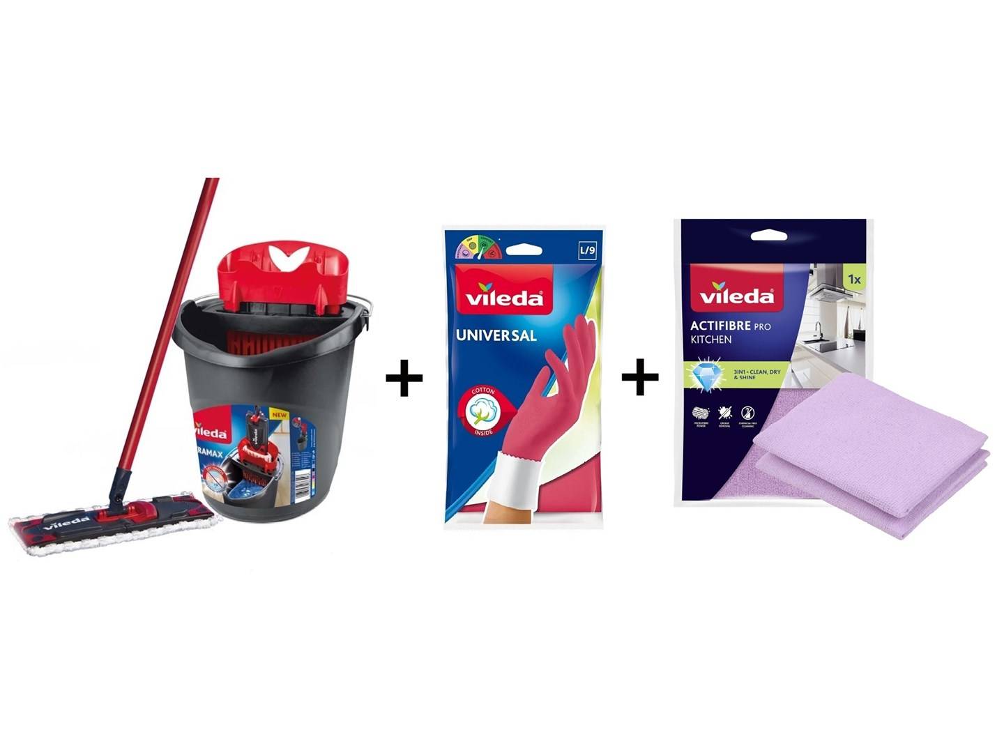 Vileda Ultramax Box fladmoppe med køkkensæt | Universal-handsker, 1 par + Actifibre Pro køkkenklud, 1 stk.
