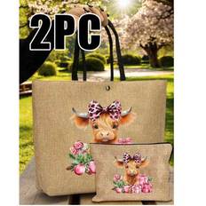 2 Pieces Set - Yellow Linen Large-Capacity Tote Bag And The Same Convenient Cosmetic Bag, Printed With A Bow Calf Gift Box, Women's Handbag, Shoulder - Multicolor