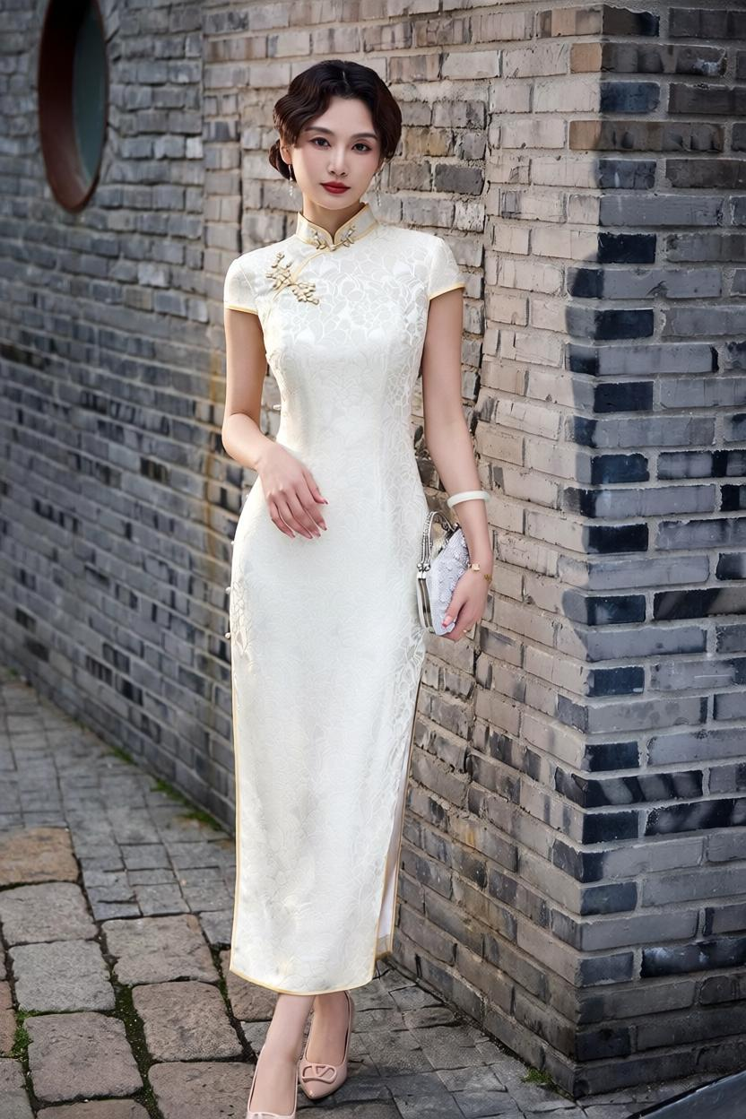Mulberry Silk Cheongsam | Ivory White Short Sleeve Slim Maxi Dress - cloud porcelain / M