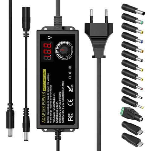 Universell nätdel 24V 3A 72W, AC till DC-adapter med justerbar spänning 3V–24V, LED-spänningsindikator och 14 anslutningsspetsar inklusive Micro-USB-kontakt, för hushållselektronik och likströmsmotore