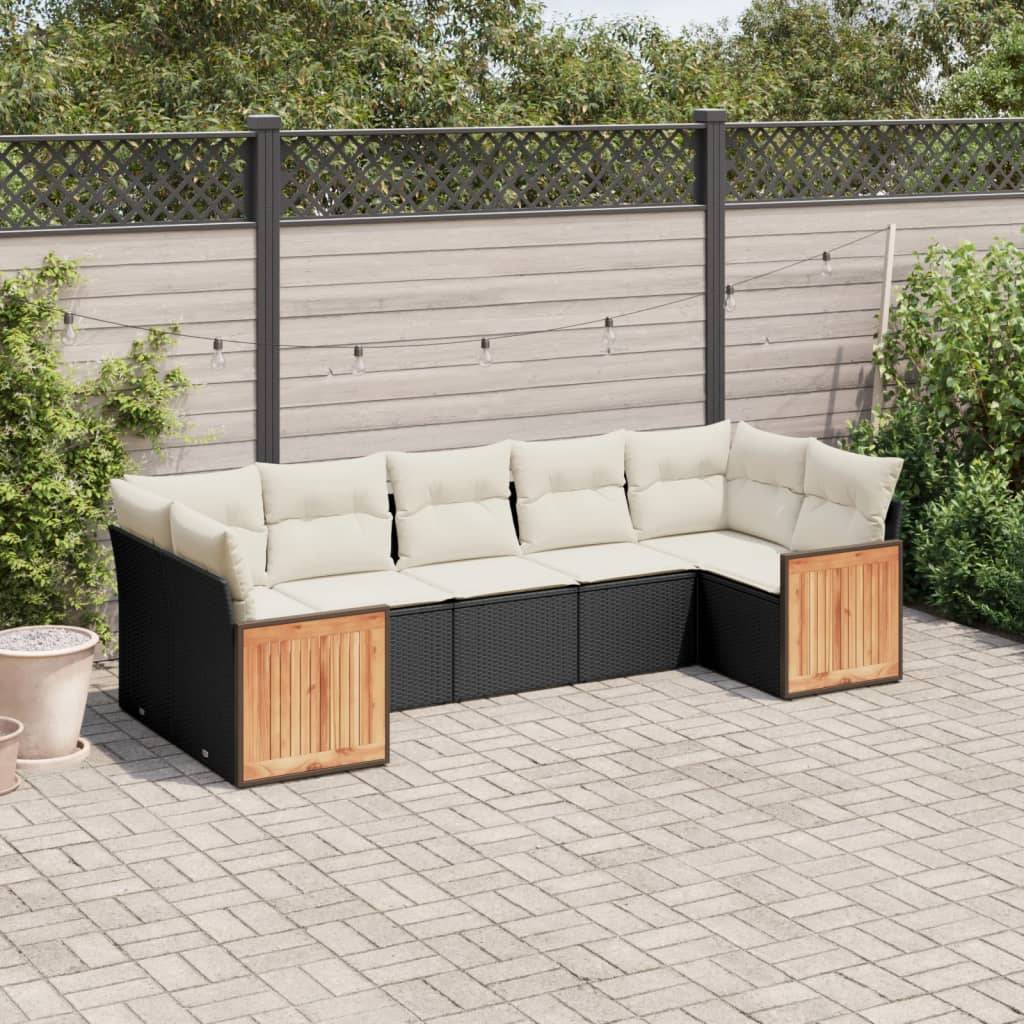 Sofasæt Til Haven 7 Dele Med Hynder Polyrattan - Sort og cremefarvet