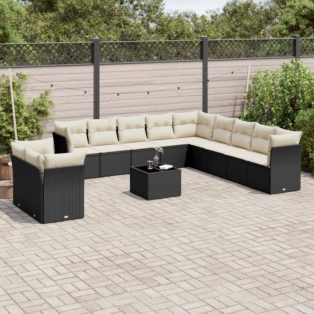 Sofasæt Til Haven 12 Dele Med Hynder Polyrattan - Sort og cremefarvet / Med bord