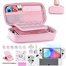 Switch OLED-tillbehör Bunt- innoAura 18 i 1 Switch-paket med NS Switch-fodral, Switch Game Case, NS Switch OLED-skärmskydd, Switch Stand, Switch Thumb Grips (Rosa)