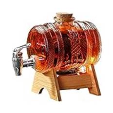 Whiskykaraff, 1 l fatformad dryckesdispenser av glas, fat karaff med kran, alkoholdispenser perfekt för vin, whisky, öl, rum, presenter till vän, make, far