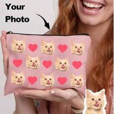 1pc Custom Cat Photo Makeup Bags, Cute Cat Themed Gifts, Small Pet Lover Travel Cosmetic Bag, Zipper Pouch For Teens Daughter Sister, Funny Pet Stuff - Pink - one-size