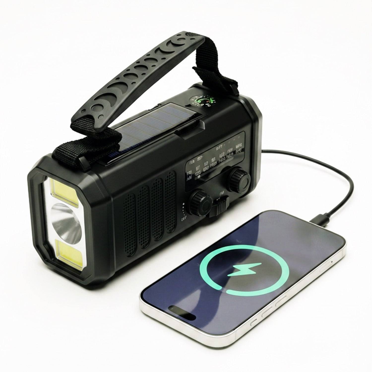 Nödradio med 10000 mAh powerbank, lampa, solcell och vevgenerator