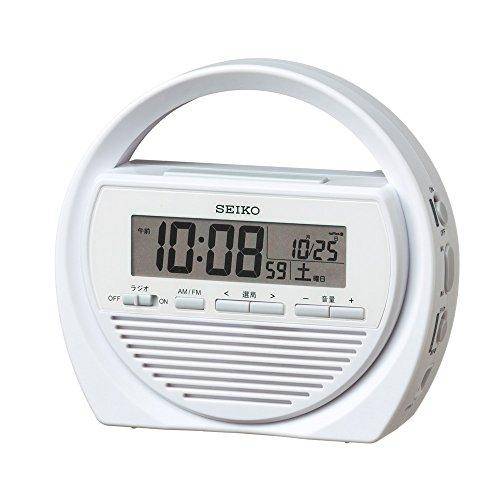 Seiko Clock SQ764W White, Digital Alarm Clock with Emergency Alarm, Radio, Hand-Crank Charging, LED Flashlight, Emergency Buzzer, and Cell Phone Charg