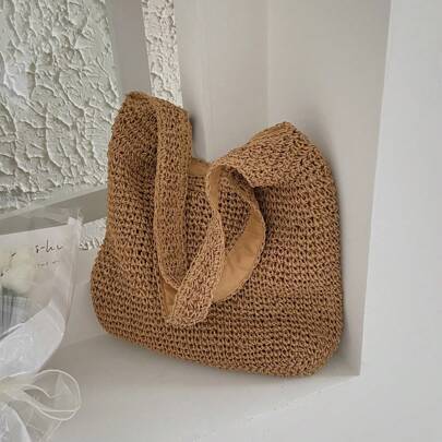 Medelstor enfärgad dubbelhandtag, perfekt för sommarresor, sugrörsväska, sugrörsstrandväska, strandnödvändigheter, strandnödvändigheter, strandsaker, - Kaki (En-Storlek)