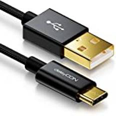deleyCON 2m USB-C-Kabel - Laddningskabel Datakabel - Nylon + Metallkontakt - USB C till USB A - Kompatibel med Apple Samsung Google Huawei Xiaomi Tablet Laptop PC - Svart