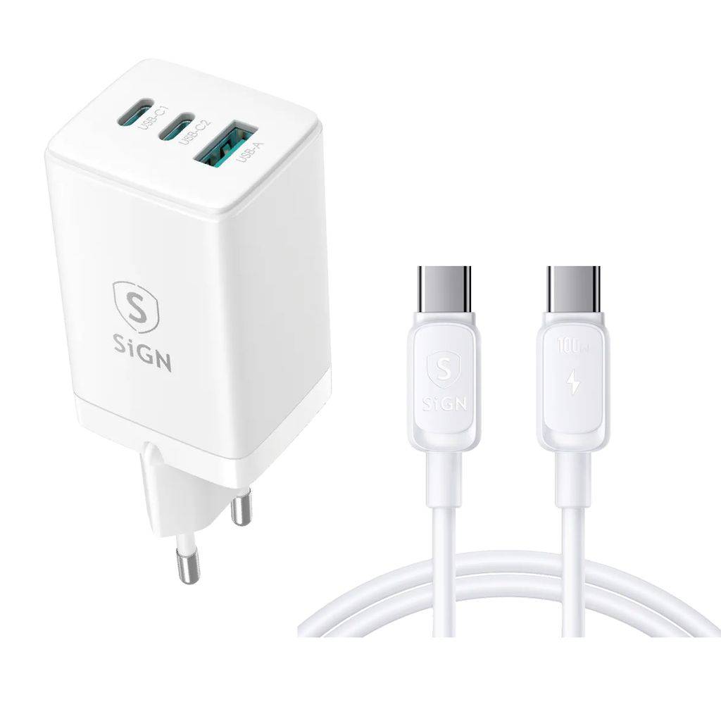 SiGN 65W Snabbladdare till Laptop 2xUSB-C & 1xUSB med USB-C kabel, 3m - Vit