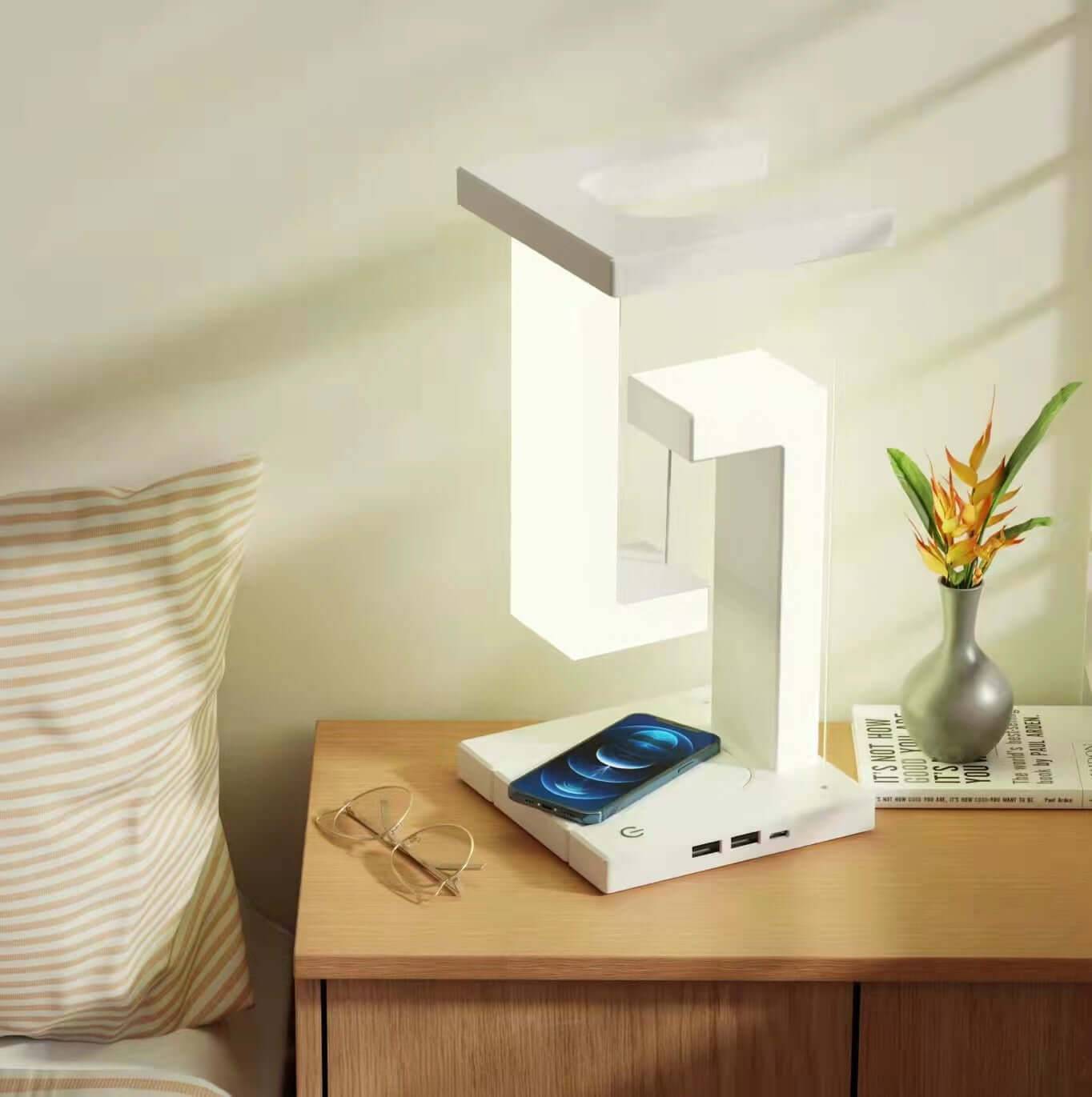 Wireless Charging Suspension Magnetic Table Lamp - White wireless charging