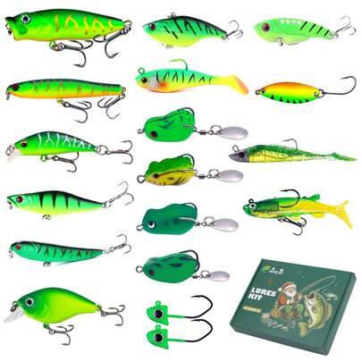 HENGJIA 18 st/24 st fiskedrag-set – julask med fisketillbehör, fiskekit med VIB, grodor, minnows, mjuka beten, krokar och crankbait-tillbehör, sötvatt - Multifärgad (Låda109,Låda108,Låda 107,Låda112-2,Låda112-1)