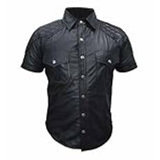 Rumble Products mäns svart äkta läderskjorta | mjukt läder polisuniform stil | Quiltad axel bikers klubb skjorta, Svart, 5XL