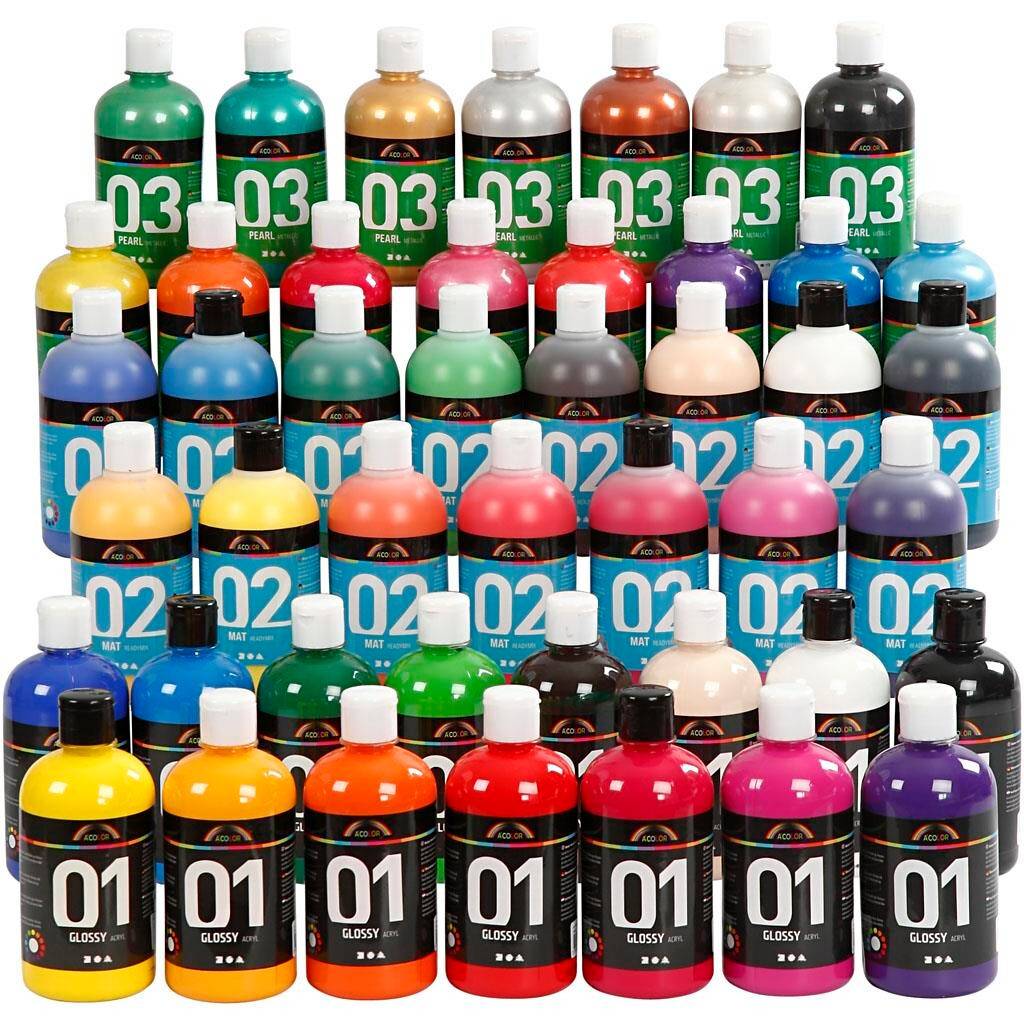A-Color Akrylmaling, ass. farver, 45x500ml/ 1 pk..