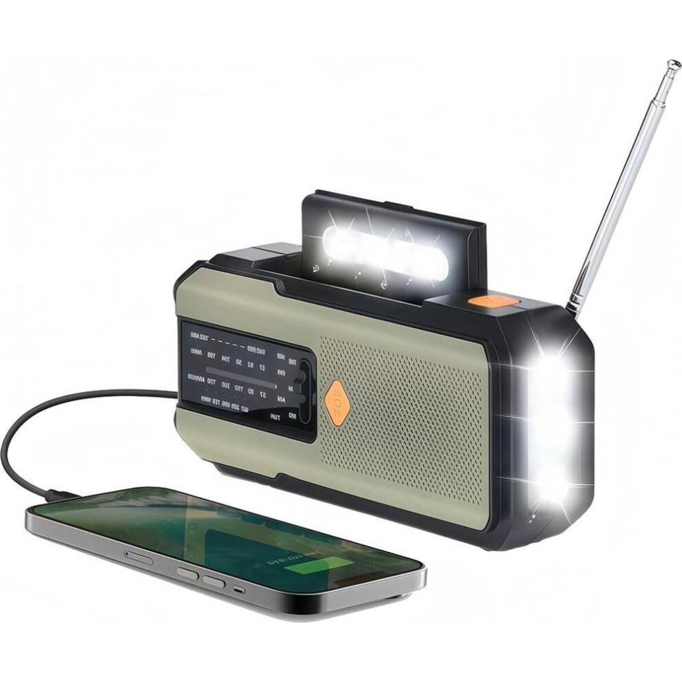 Nødradio med solcelleanlæg med håndsving og 5000 mAh batteri, med integreret LED-lommelygte, SOS-alarm og AM/FM-vejrradio, strømforsyning