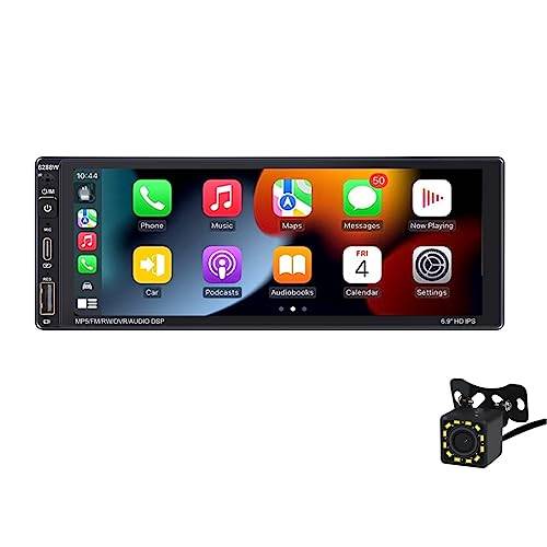 6,9 tums pekskärm bilstereo trådlöst Carplayer & Android Auto, Single Din Car Radio Support Bluetooth 5,2 FM/AM/RDS Smart Voice Mirror Link Typ C USB+12LED-kamera