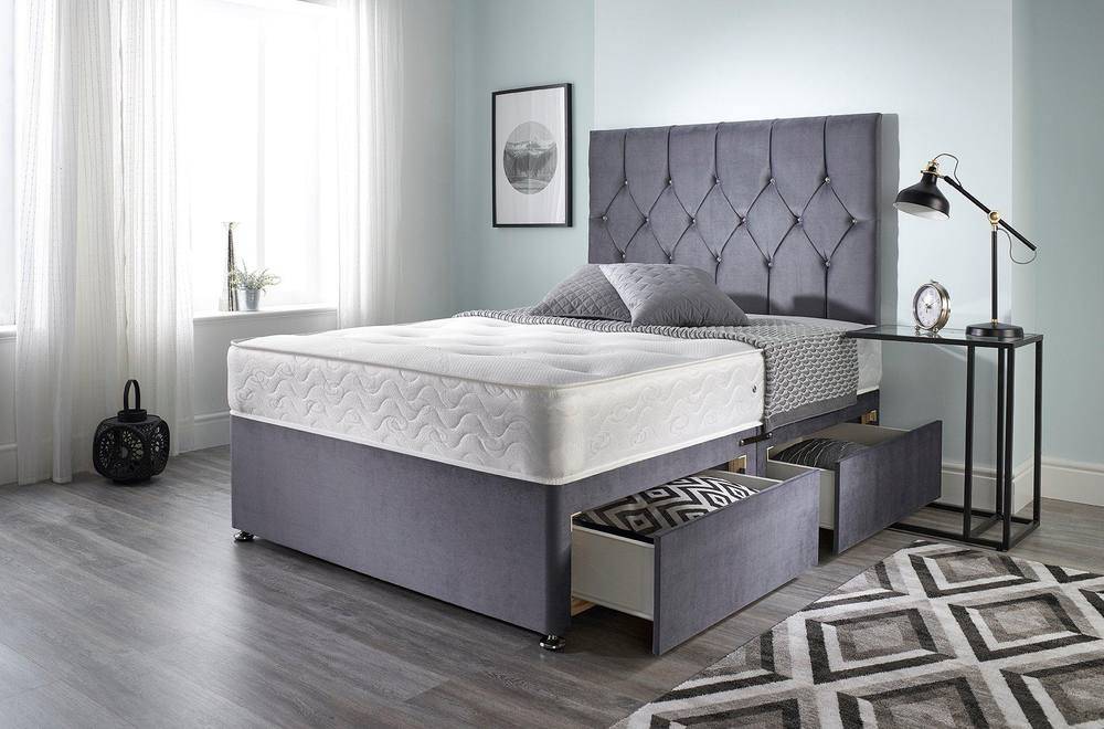 Somnior Ziggy Plush Velvet Memory Foam 4 Drawer Divan Bed with Upholstered Headboard in Charcoal | Size: King