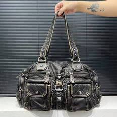 Retro Casual Cool Handbag, Personalized Y2K Hot Girl Motorcycle Bag, Street Style Washed Plain Faux Leather Faux Leather City Bag, Suitable For Work, - Bronze