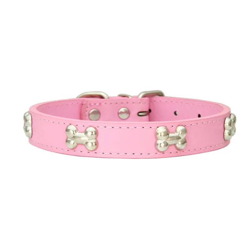 Leather Dog Collar with Bone Design - Pink / L (L)
