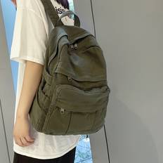 TEMU Vintage-inspired High-capacity Canvas Backpack For Students, With Lightweight Design, Hand Wash Only, Zipper Closure, Adjustable Straps, With Sewing Thread Detail, Suitable 15+