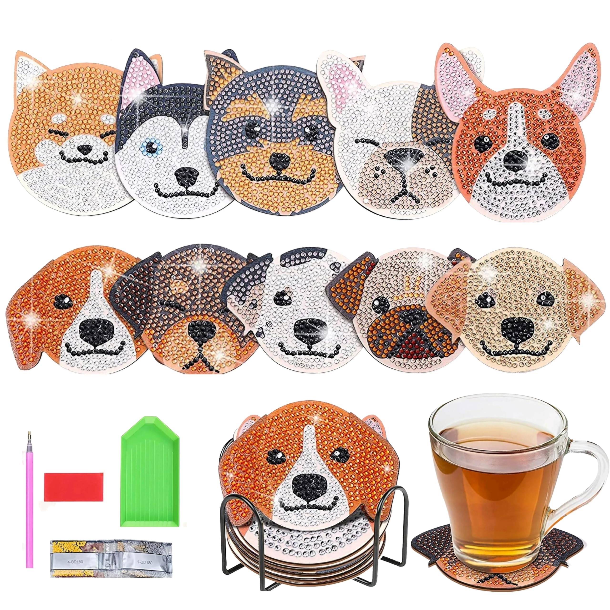 East Leaf Diamond Art Bead Art Coaster Kit, DIY Beginner's, with Holder (Dog, 10-Piece Set)