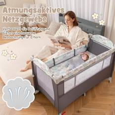 5 i 1 sammenfoldelig sideseng rejseseng med madras 2 niveaus babyseng med hjul grå