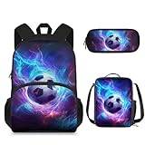 Biyejit 3 st pojkar flickor skolryggsäck set grundskola bokväska barn ryggsäckar med lunchlåda och pennfodral, Blixt fotboll, Ryggsäckar för dagsutflykt