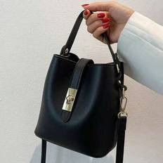 Mini Lock Detail Bucket Bag, Large Capacity Solid Color Top Handle With Adjustable Shoulder Strap - Black - one-size