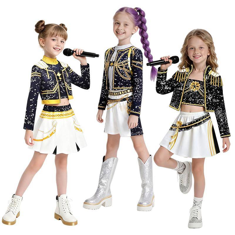 Kpop Hunters Scen Cosplay Kostym för Barn Flickor Anime Hunters Cosplay Outfit Peruk Dräkt Halloween Fest Rollspel Kostym 140cm