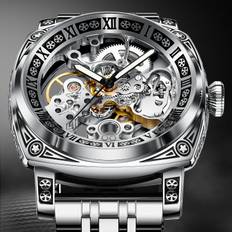 TEMU Carved Automatic Watches For Men, Tattoo Case Watches For Men Silvery Steel Strap Skeleton Self-winding Mechanical Watch