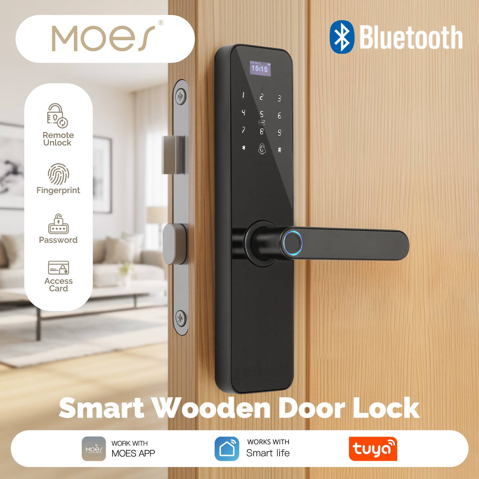 MOES Bluetooth Smart Wooden Door Lock Indoor Password Fingerprint Remote Unlock Keycard With Screen Tamper Alarm Battery Powered
