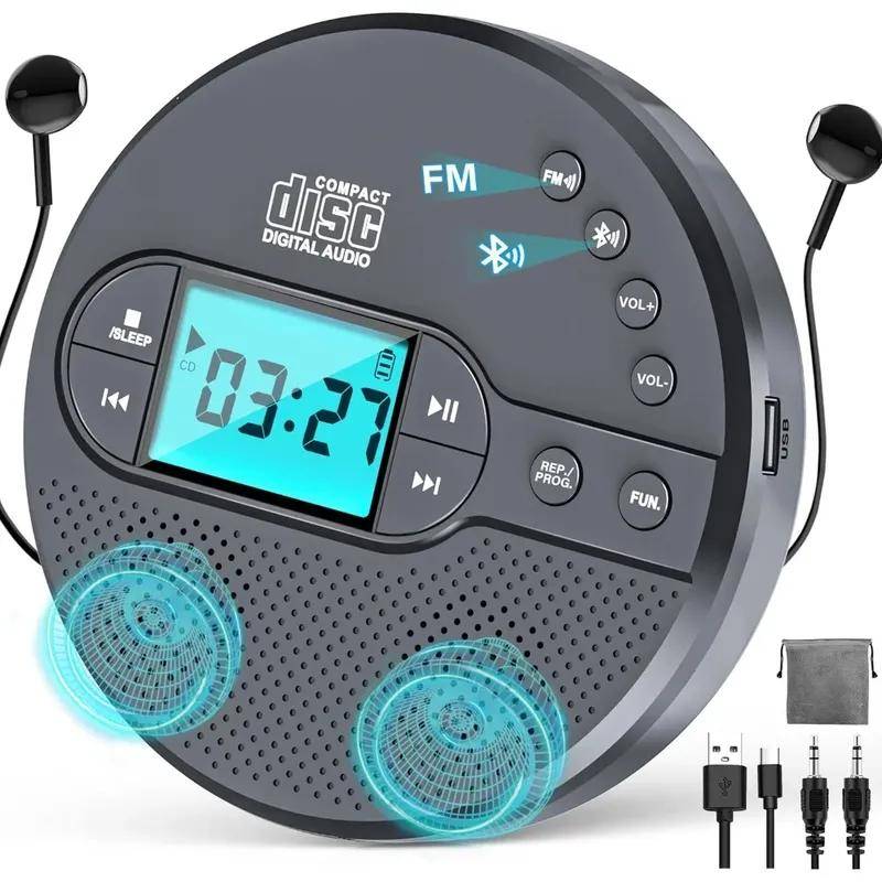 2000mAh Uppladdningsbar Discman CD-spelare med Bluetooth, FM, Hörlurar, LCD, AUX, Högtalare, USB - Anti-Skip, Bärbar för Bil svart