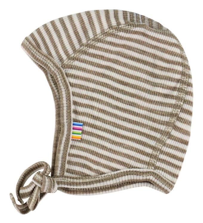 Joha Hjälmmössa - Ull/Silke - Rib - Mörk Beige/Randig - Joha - 45 cm - Babyhjälm