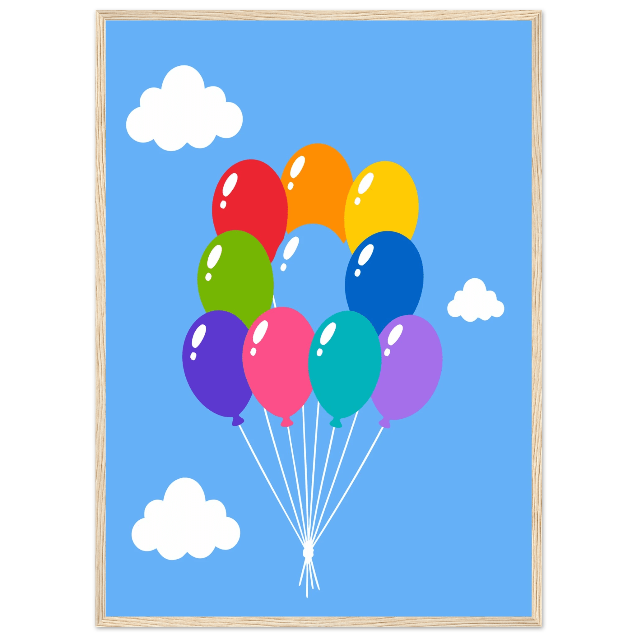 Färgglada ballonger poster-50x70 cm / 20x28″ / Med ram / Ljust trä
