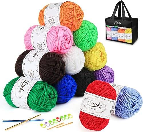 ilauke Virkgarn 12 färger x 50 g stickgarn, bomullsgarn, akrylull, set för virkning och hantverk, 12 färger