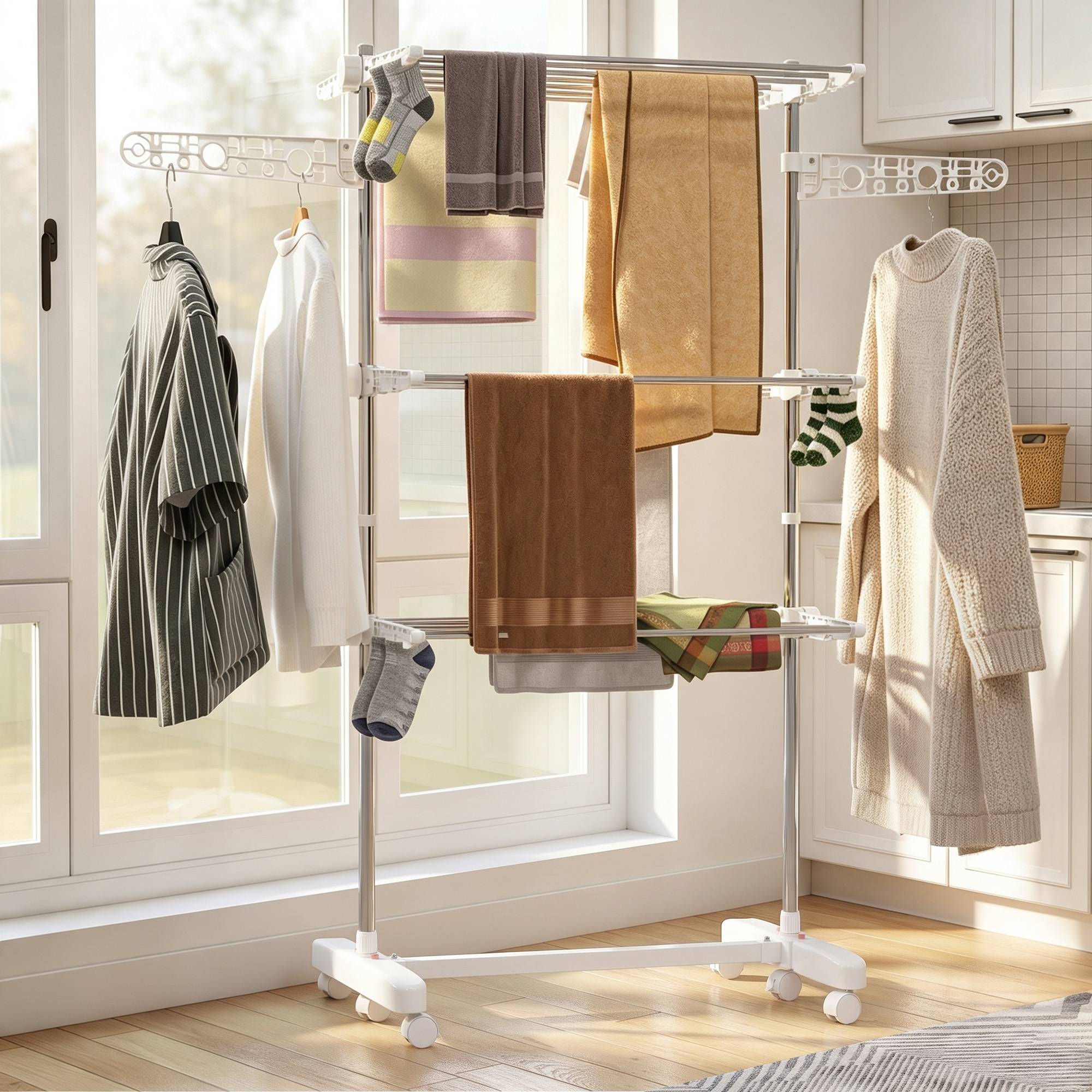 Mobil tørrestativ, foldbar, 3 niveauer med hjul, 80-142 x 55 x 152 cm, ideel til pladsbesparende tørring.