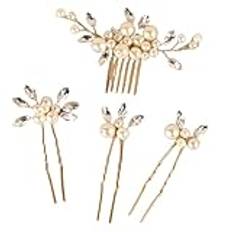 Bröllopshårprylar, Brudhårspärlor, Set of 4 Bridal Handmade Wedding Hair Accessories U-Shape Hair Pins Vintage Crystal Pearl Hair Comb Headdress(Gold)