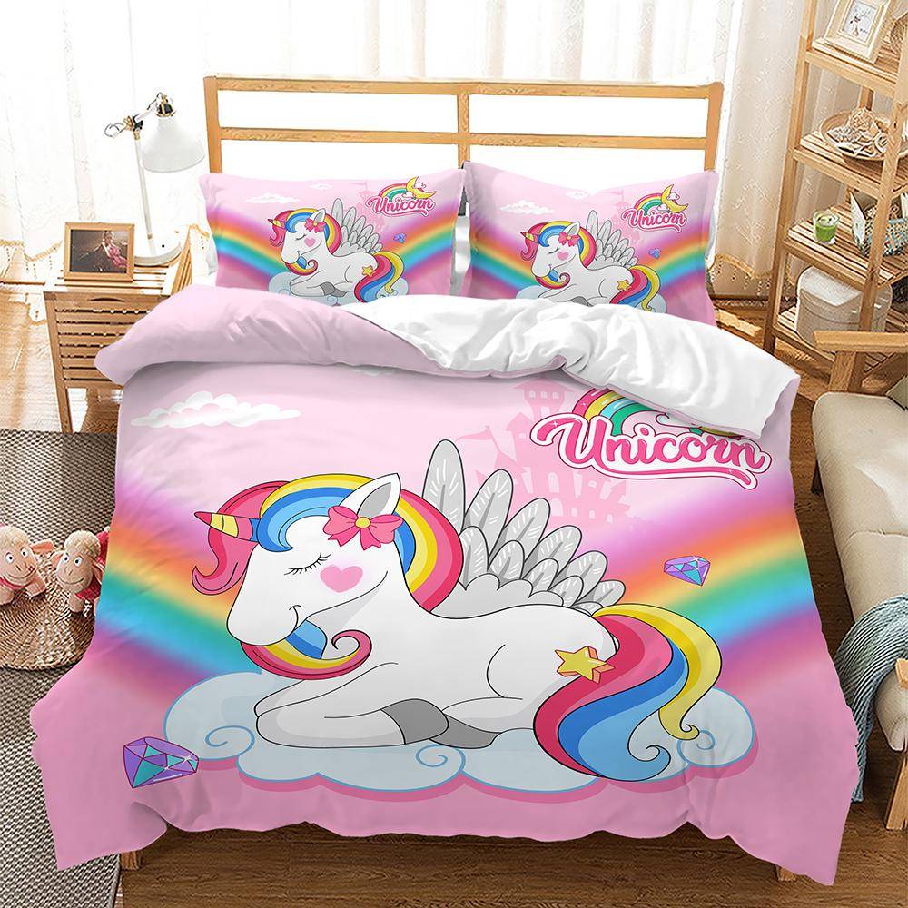 Sängklädesset med regnbågsenhörning för barn, sänglinne med tecknade djur för flickor, kawaii påslakanset, enkelsäng, enkelsäng, dubbelsäng, queen size AU Single140x210cm