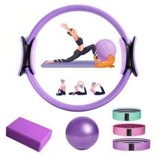 6st Basic Pilates Set för kvinnor - Inkluderar Pilates höftband, 25 cm yogaboll, yogablock, höftrem för rumpträning (Obs: Skumytan kan ha bucklor elle - Multifärgad (Rosa 6-delat set,Lila 6-delat set,Blått 6-delat set)
