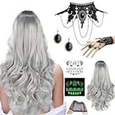 Peruk halloween damer, peruk kvinnor kostym set, grå lång vågigt lockigt hår med gotisk halsband spets armband örhängen klistermärken med hårnät för cosplay, karneval och temafester