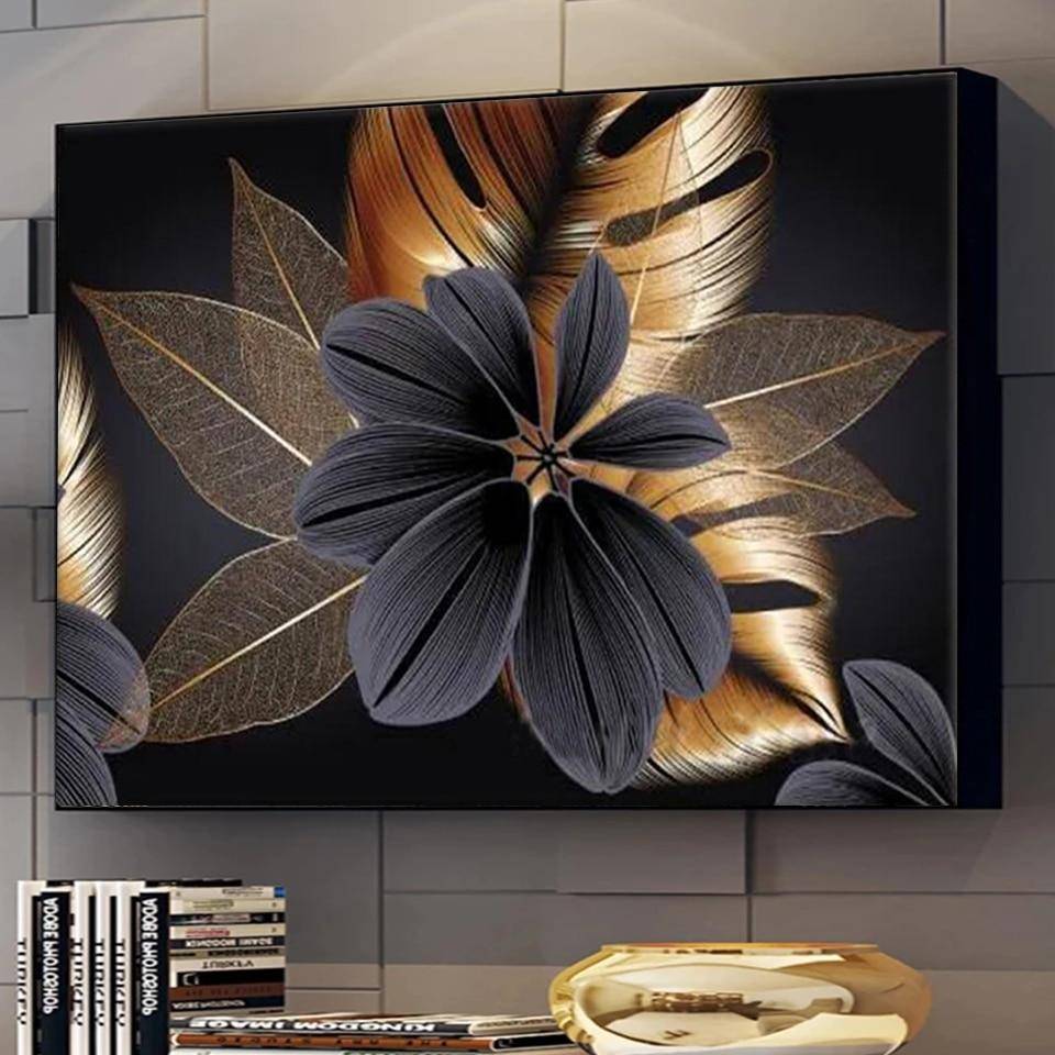 Nyankomst Gyllene och svarta löv Gör-det-själv-diamantmålning Full Diamond Mosaic 5d Plant Diamond Brodery Nordic Pictures S251
