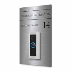 Modernes Klingelschild für Funkklingel Ring Video Doorbell Pro 2 - personalisiertes Türschild aus Edelstahl mit Gravur | kompatibel mit Ring Klingel - hochwertiges Funkklingel Zubehör