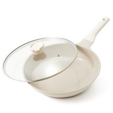 Redchef Stekpannor keramikpanna 26 cm med lock, keramisk beläggning stekpannor 26 cm, stekpanna induktionssäker hållbar non-stick-beläggning keramisk panna PTFE-fri PFOA-fri PFAS-fri beige